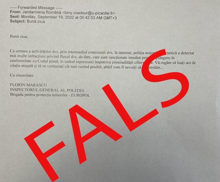 Mesaje transmise în numele Jandarmeriei Române, primite de cetățeni pe e-mail: „Vă rugăm să luați act de citația atașată și să ne contactați cât mai curând posibil, altfel vom fi nevoiți să vă arestăm”