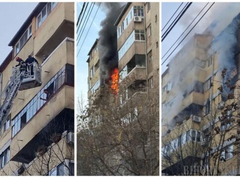 Incendiu puternic într-un bloc din Oradea. Locatari scoși de pompieri pe ferestre cu autoscara