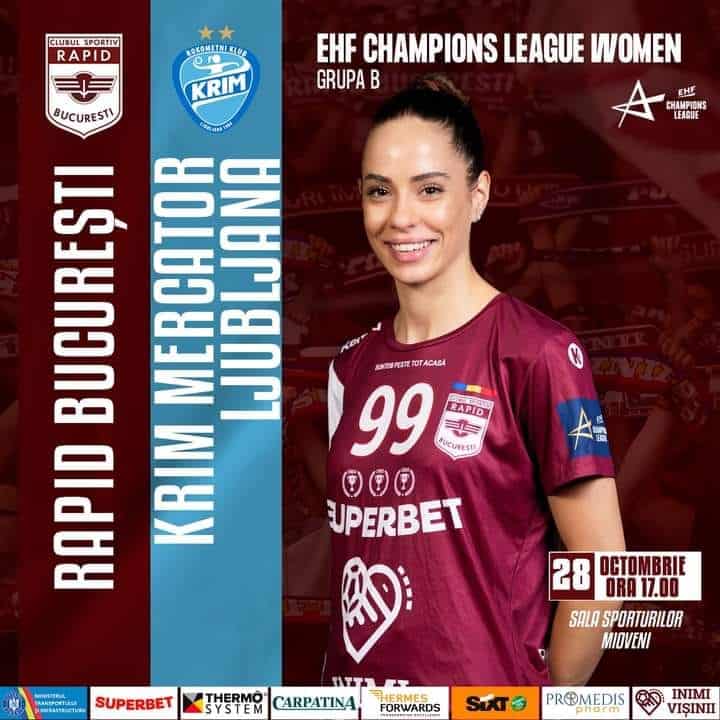 Un nou meci din Liga Campionilor la Mioveni - Rapid Bucureşti joacă cu Krim Mercator Ljubljana în Sala Sporturilor Mioveni