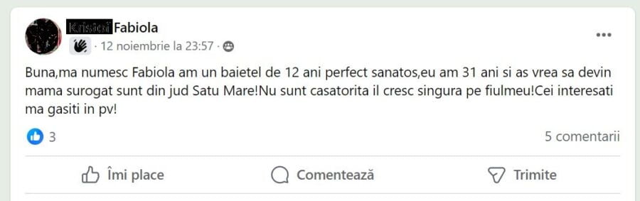 Anunțul postat de Fabiola pentru a deveni mamă surogat