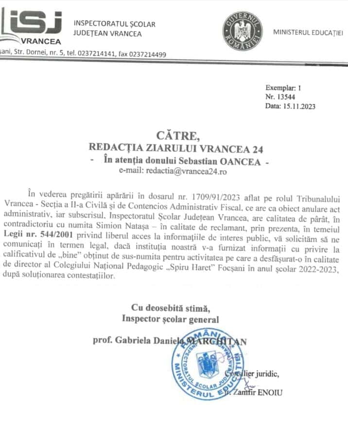 Inspectoratul Școlar Vrancea cere unui jurnalist să-și dezvăluie sursele în baza „legii accesului la informații de interes public”