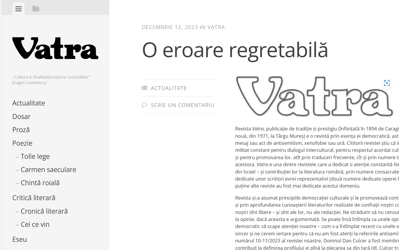 Revista Vatra își cere scuze pentru articolul antisemit