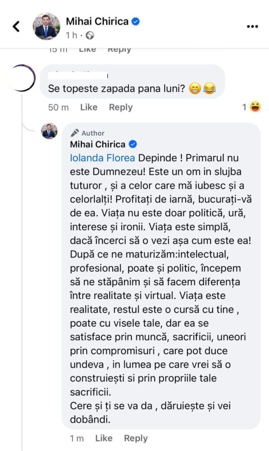 Mihai Chirica ironic cu ieșenii nemulțumiți că orașul a rămas înzăpezit, după viscolul care a răvășit Moldova luni și marți.