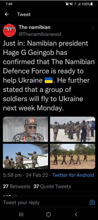 Captură cu afirmația că președintele namibian Hage Geingob va ajuta Rusia în Ucraina