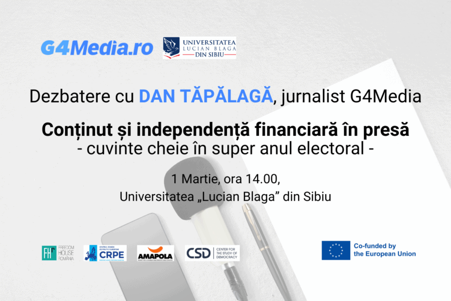 Dezbatere susținută de Dan Tăpălagă, la Sibiu, pe 1 martie, cu tema „Conținut și independență financiară în presă – cuvinte cheie în super-anul electoral”.