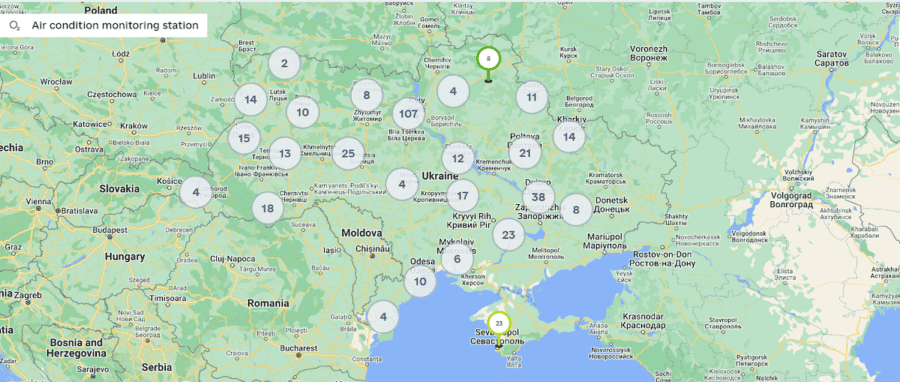 Starea aerului din Ucraina este evaluată în prezent cu datele obținute de la 390 de stații de monitorizare a aerului. Captură de ecran ecozagroza.gov.ua