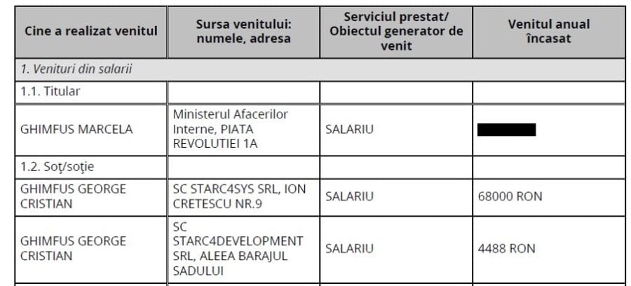 Declarația de avere a soției lui George Cristian Ghimfus