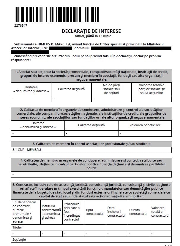 Declarația de interese a soției lui George Cristian Ghimfus