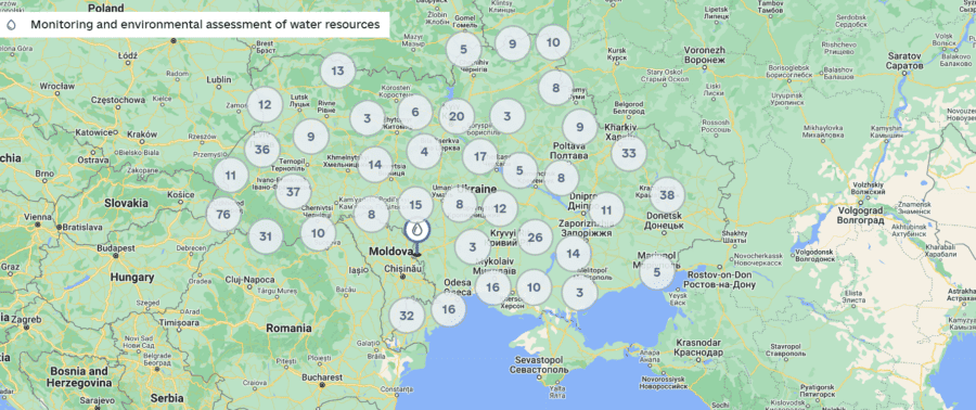 Monitorizarea și evaluarea mediului și a resurselor de apă sunt efectuate în prezent la 607 stații din Ucraina. Captură de ecran ecozagroza.gov.ua