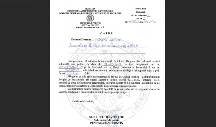 Adresa Poliției care demonstrează că Parchetul JSSector 2 a deschis un dosar penal în urma incidentului de pe strada Batiștei