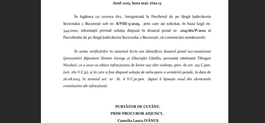 Adresa PJS2 prin care procurorii informează că dosarul lui Simion a fost clasat în august 2013.