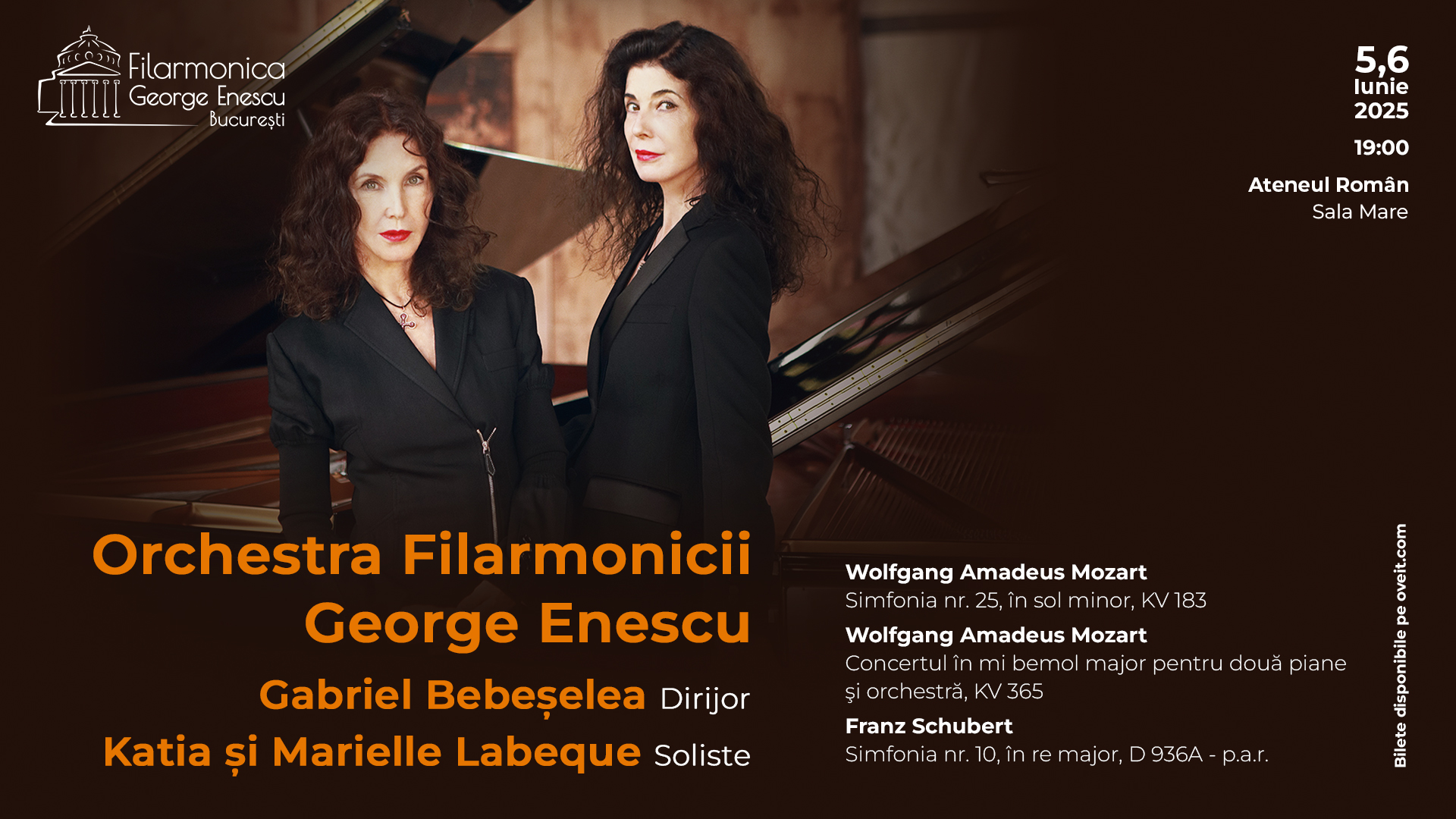 Concertul pentru două piane de Mozart în interpretarea legendarului duo Katia și Marielle Labèque, sub bagheta dirijorului Gabriel Bebeșelea, la Ateneul Român