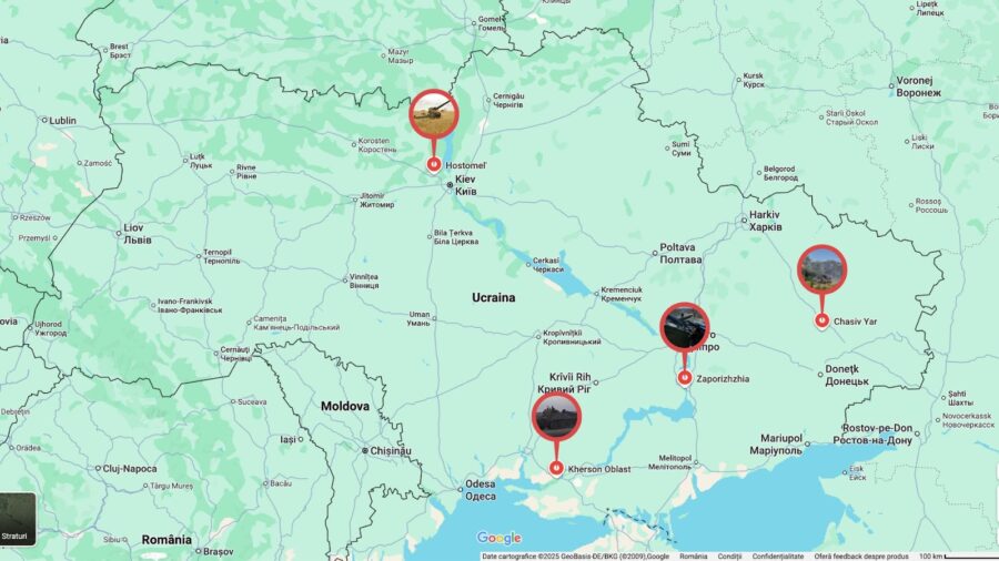 Harta cu locațiile identificate de pe frontul din Ucraina unde a fost reperat armament cu origini românești (TAB-71M, Mitraliere DȘK, Lansatorul de rachete APR-40 122 mm, Obuzier M1981 de 152 mm)