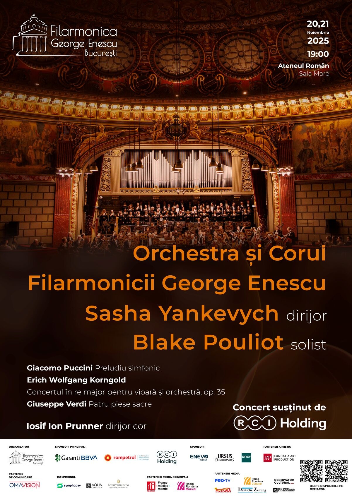 COMUNICAT DE PRESĂ. Cu dirijorul Sasha Yankevych și violonistul Blake Pouliot, ca solist, Orchestra și Corul Filarmonicii George Enescu interpretează Puccini, Korngold și Verdi